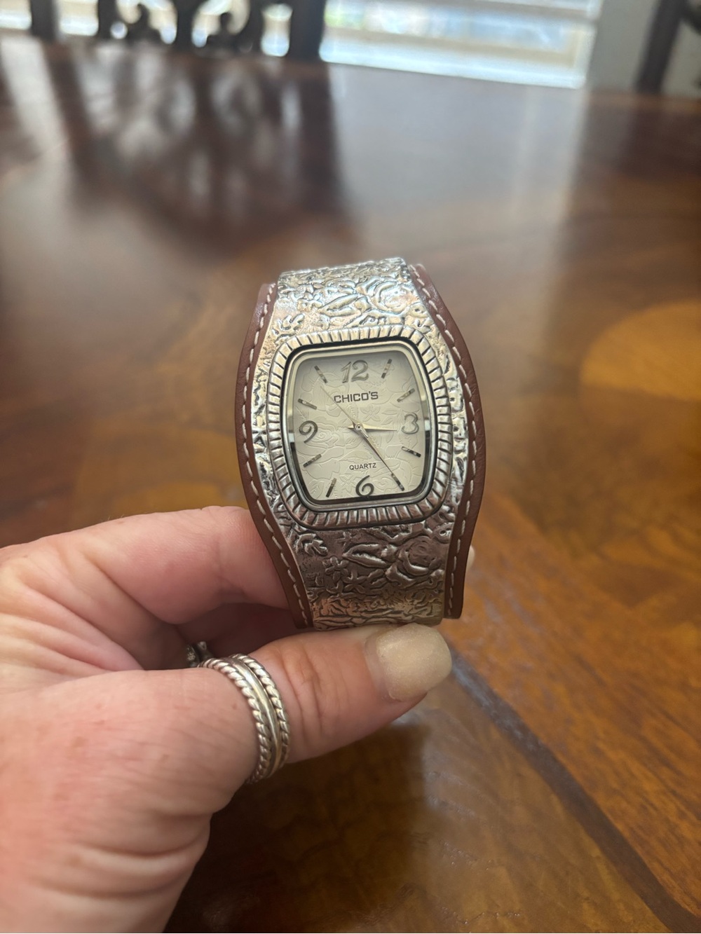 Chico's Brown Leather Cuff Watch with Stainless Back